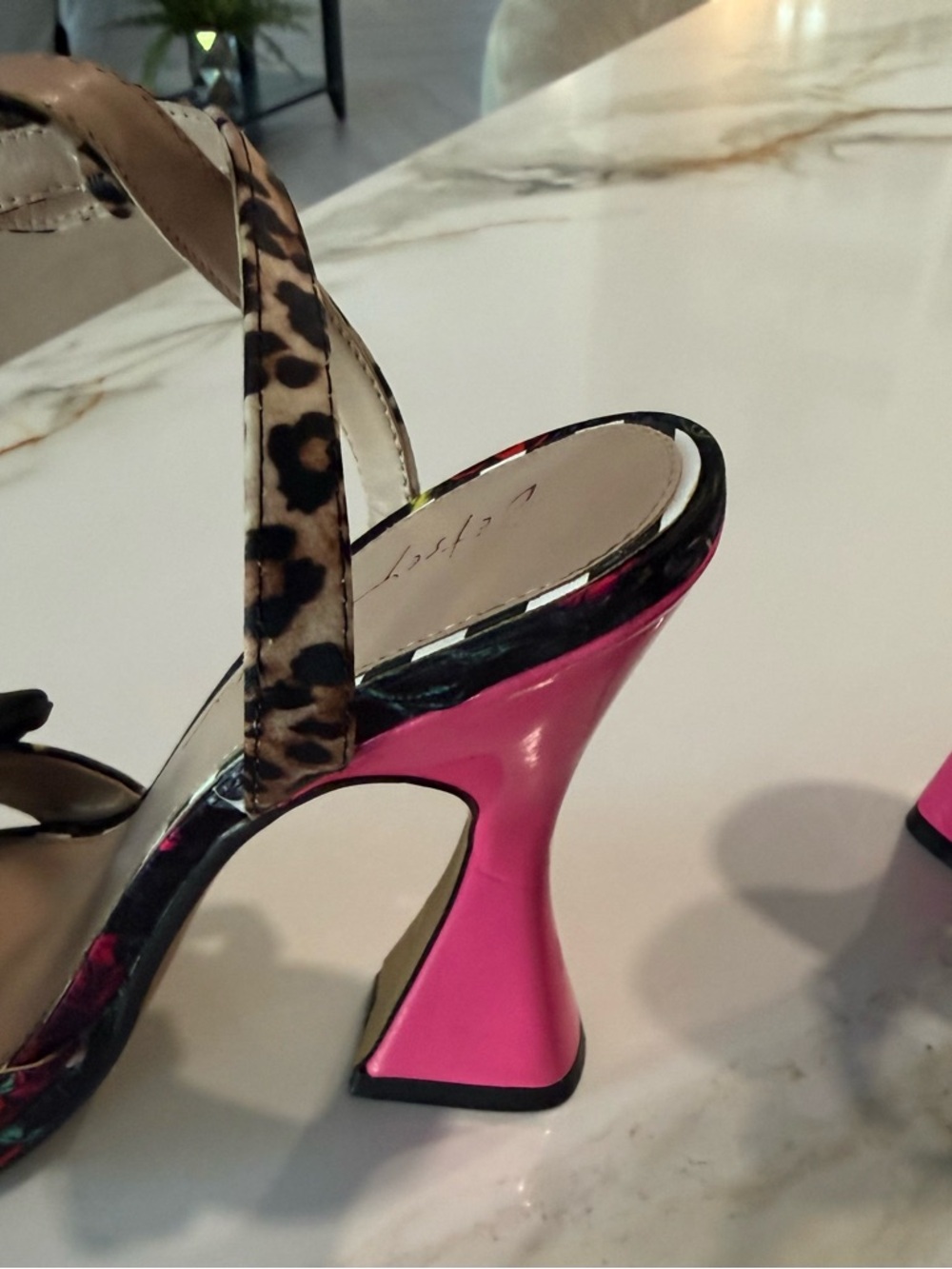 Betsey Johnson Black Beaded Bow Leopard-Ankle Sandals with Hot Pink Heel - Picture 3 of 6